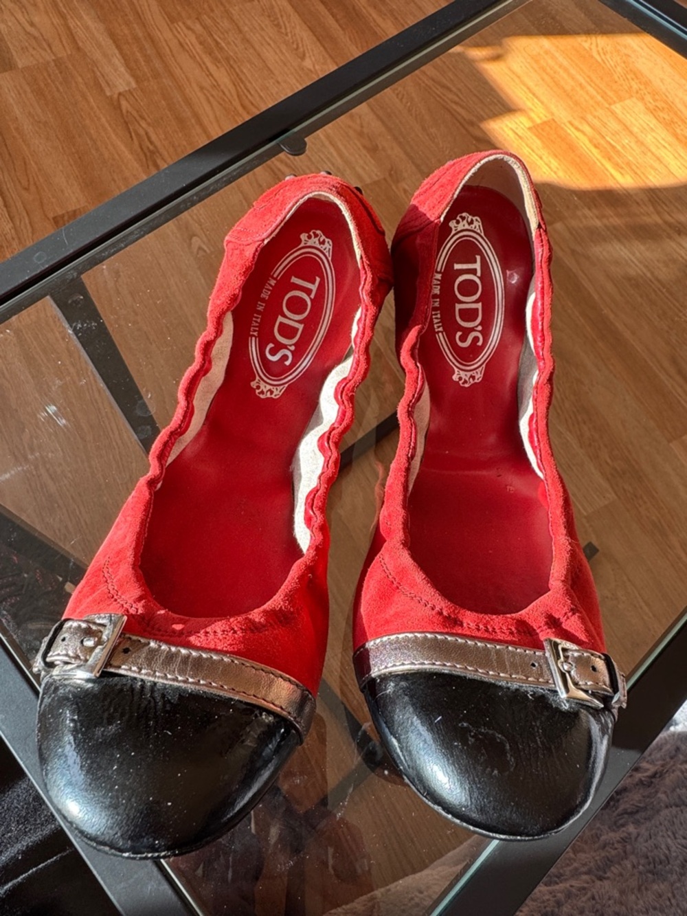 TOD'S Red Suede Ballet Flats with Black Patent Cap-Toe and Silver Trim,size 41
